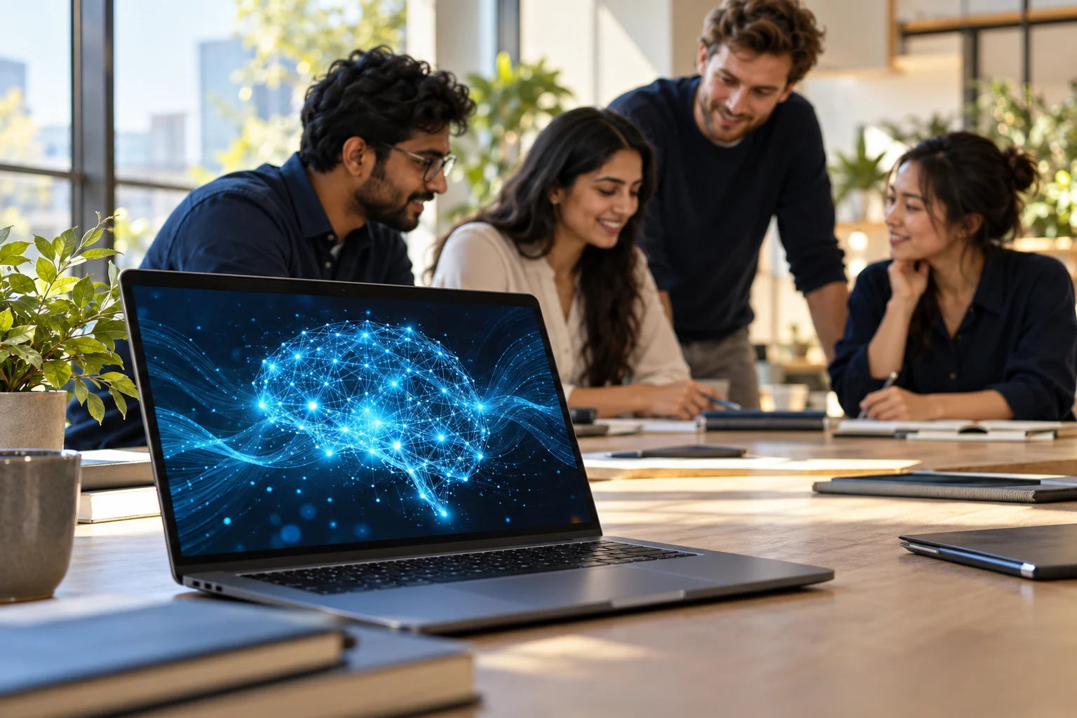 AI-inspired development workspace with professionals collaborating around a laptop